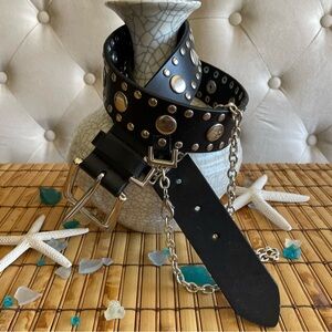 Studded Black Leather Belt with Chain